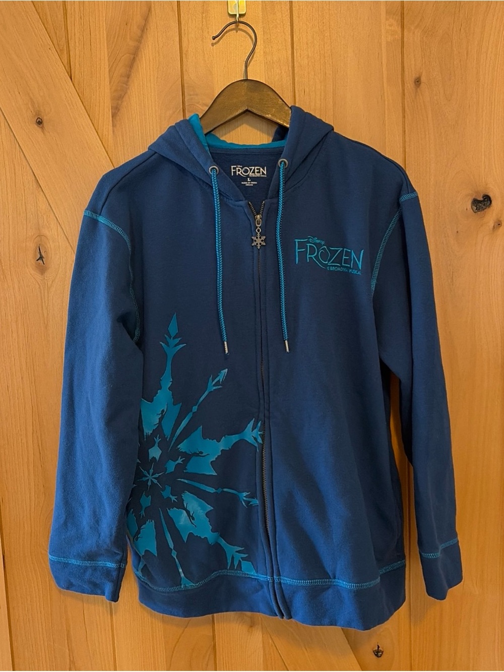 Disney Frozen The Broadway Musical Full Zip Snowflake Elsa Blue Hoodie Size L